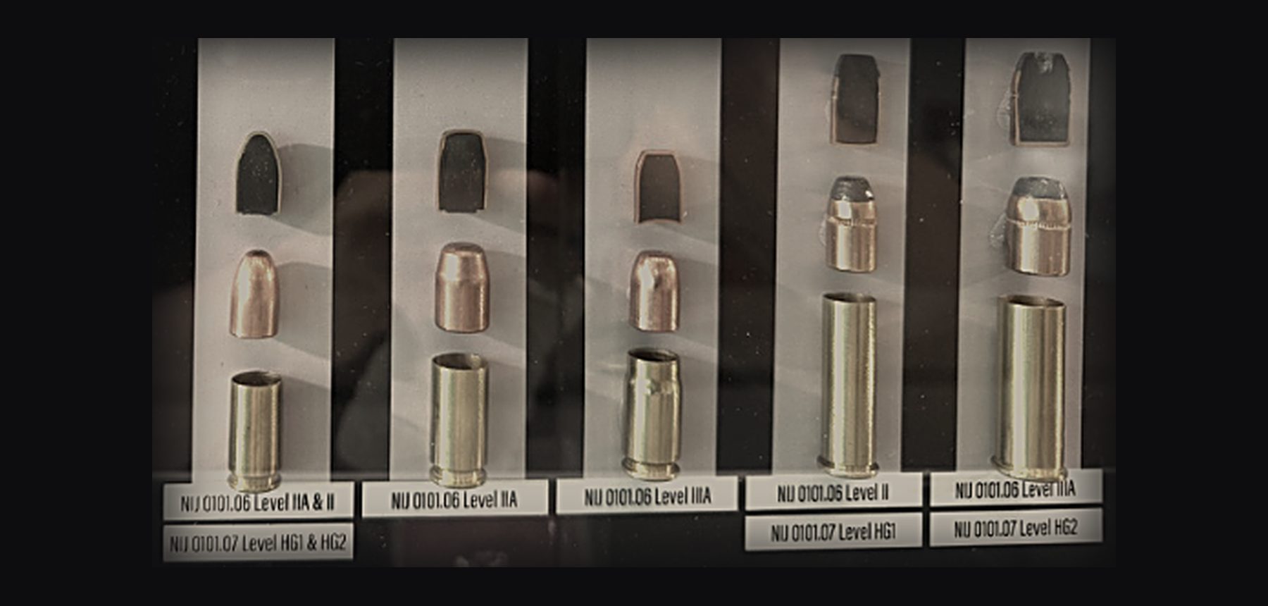 Handgun test rounds shown with NIJ 0101.06 and 0101.07 designations
